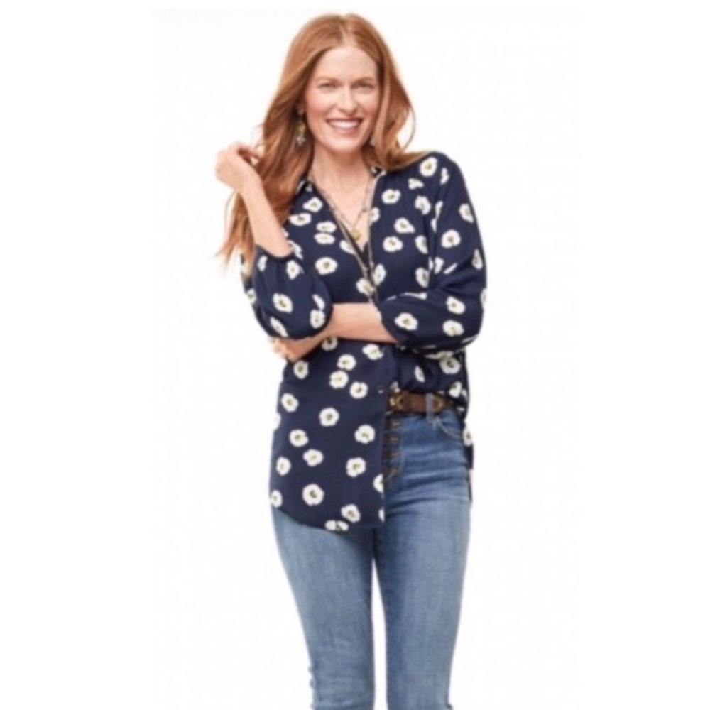 $99 CABI Navy Blue Floral Poppy Blouse  MED Long Sleeve Top Cottage Career Retro